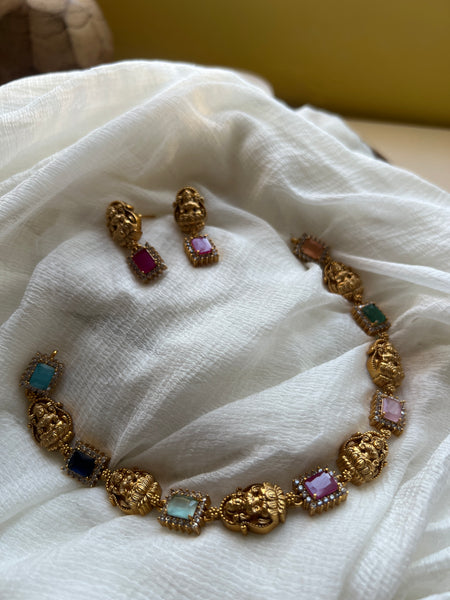 Multi color stone Lakshmi necklace with studs