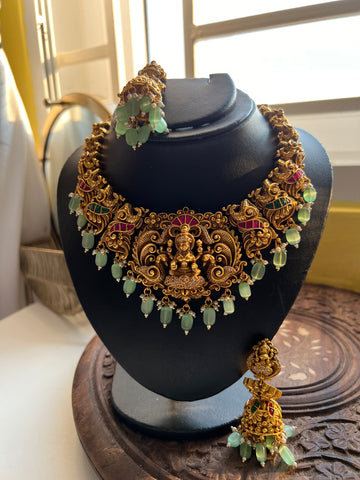 Nagas Lakshmi Kundan necklace with big jhumkas and mint beads