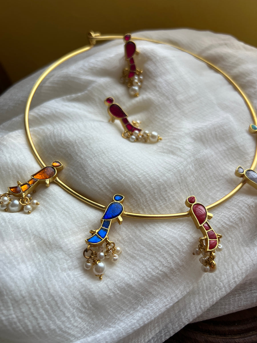 Multi color kundan parrot hasli with studs – House of Jhumkas