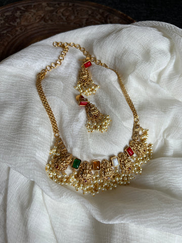 Multi color Lakshmi matte necklace with earrings