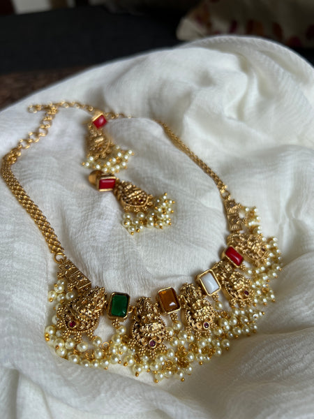 Multi color Lakshmi matte necklace with earrings