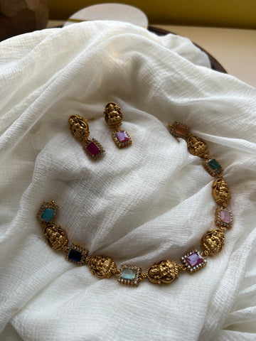 Multi color stone Lakshmi necklace with studs