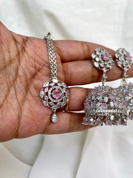 Pink AD stone Jhumkas with Tika