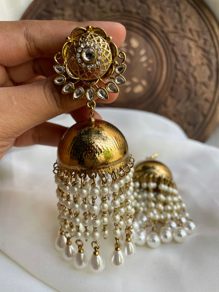 Jumbo Golden Pearl tassel Jhumkas