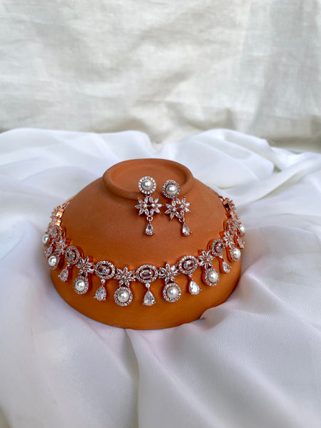 Rose polish Pearl necklace with earrings