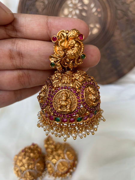 Jumbo stone Lakshmi Jhumkas with Annam studs