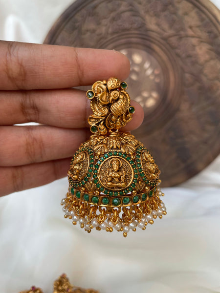 Jumbo stone Lakshmi Jhumkas with Annam studs