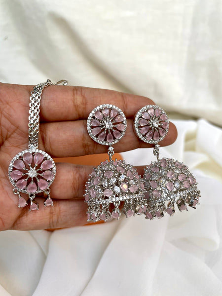 Pink Ad stone Jhumkas with Tika
