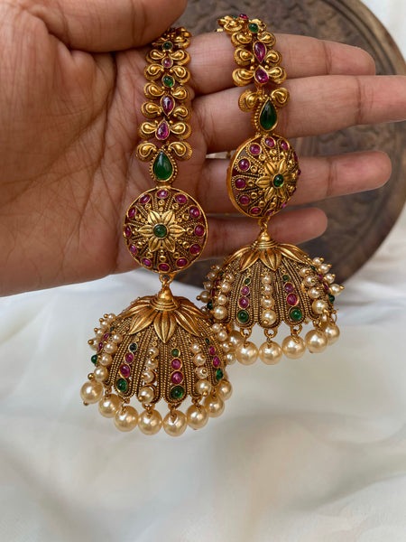 Jumbo Pearl antique Jhumkas with mattal