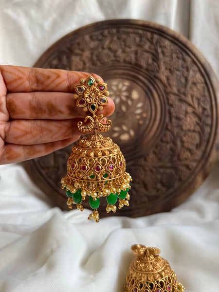 Jumbo kemp cutwork Jhumkas with beadwork