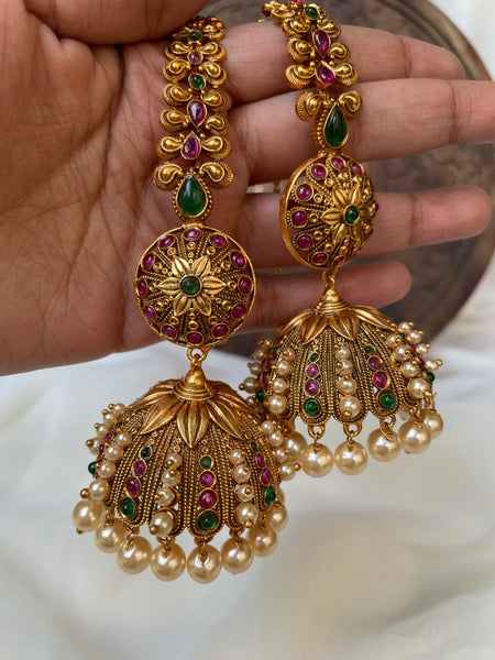 Jumbo Pearl antique Jhumkas with mattal