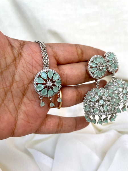 Mint Ad stone Jhumkas with Tika