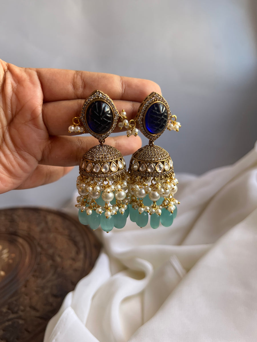Carved Kundan polki Jhumkas – House of Jhumkas