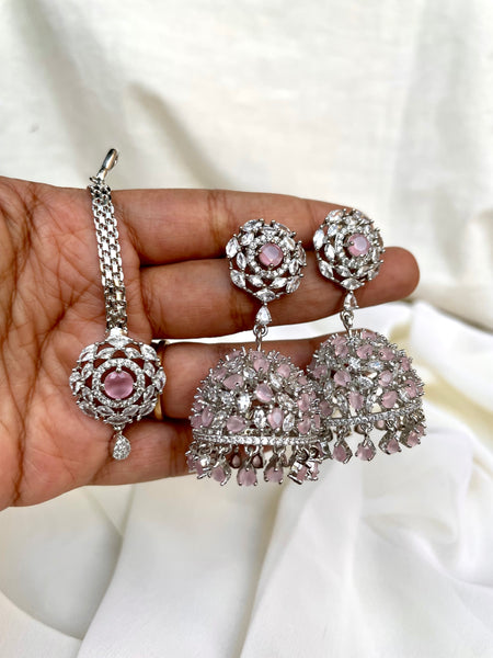 Pink AD stone Jhumkas with Tika