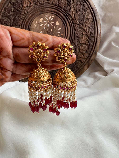 Kemp flower Jhumkas with bead work