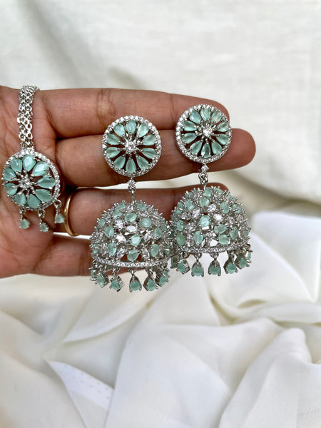 Mint Ad stone Jhumkas with Tika