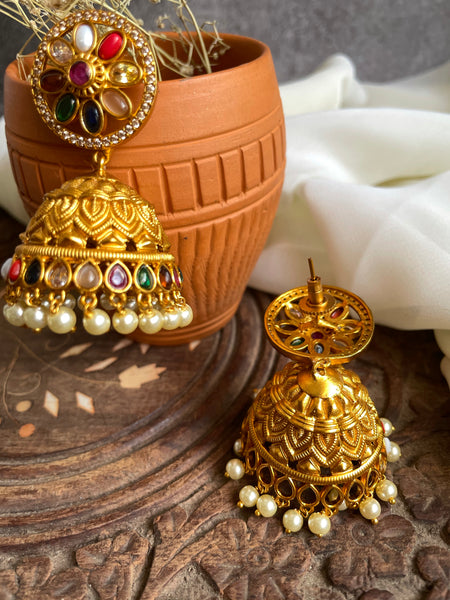 Jumbo Navaratna cutwork jhumkas