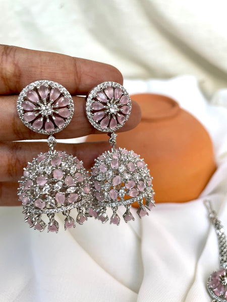 Pink Ad stone Jhumkas with Tika