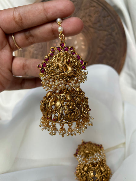 Cluster Pearl temple Jhumkas with Pearl mattal