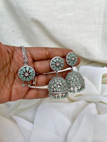 Mint Ad stone Jhumkas with Tika
