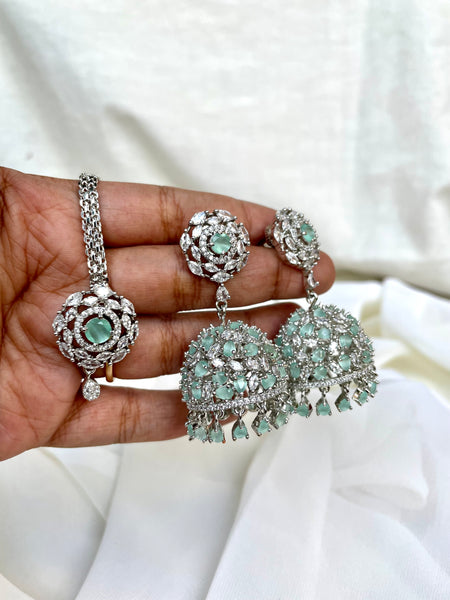Mint Ad stone Jhumkas with Tika