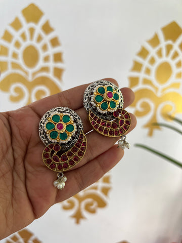 Kundan peacock silver earrings