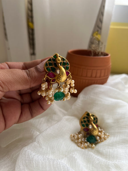 3D peacock Kundan jumbo studs