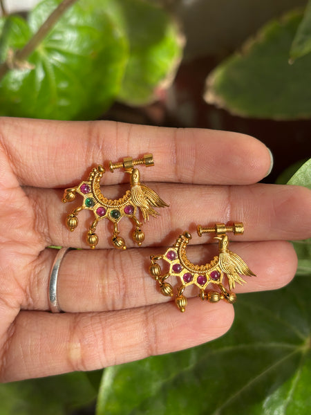 Matte Gold and pearl drops Bird-Carved Temple Nose Ring with Ruby & Emerald Stones