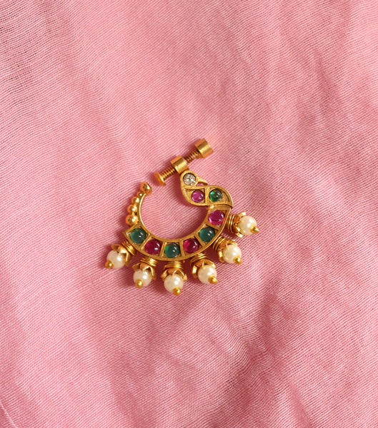 Traditional Gold-Plated Peacock Motif Nose Ring with Kemp Stones and Pearl Drops