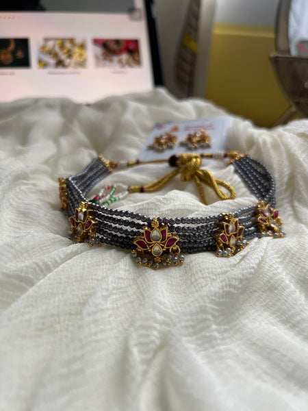 Kundan lotus grey choker with studs
