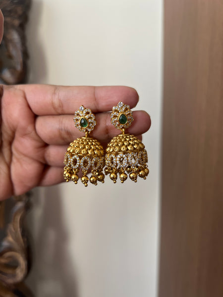 Emerald white stone antique jhumkas