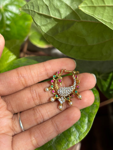 Traditional Peacock Screw-Back Nath with Pearl Drops