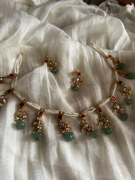 Kundan drop pearl necklace with studs