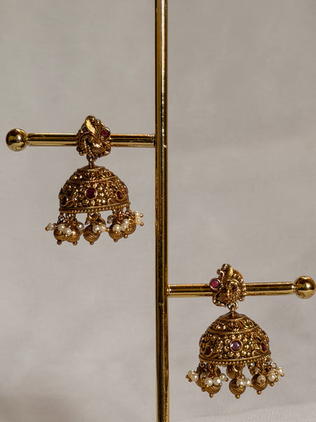 Antique Gold Peacock Jhumka Earrings