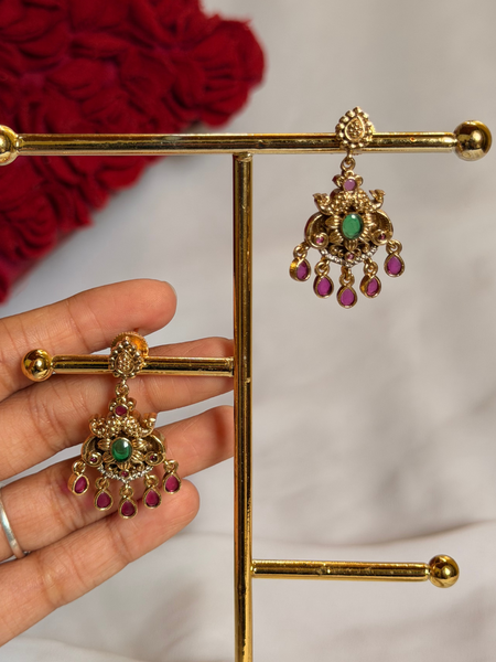 Antique Gold Peacock Pendant Earrings with Ruby Drops
