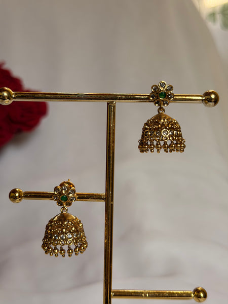 Emerald Floral Antique Gold Jhumka Earrings
