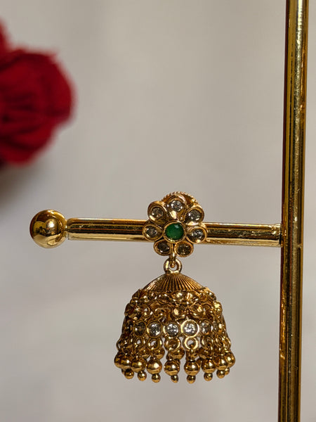 Emerald Floral Antique Gold Jhumka Earrings