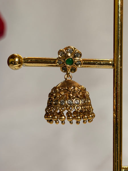 Emerald Floral Antique Gold Jhumka Earrings