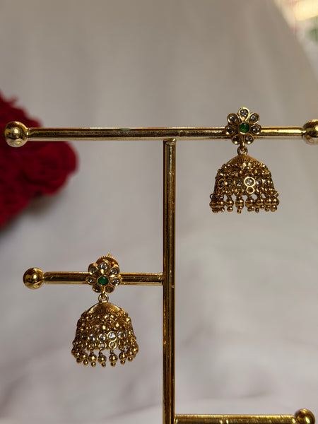 Emerald Floral Antique Gold Jhumka Earrings