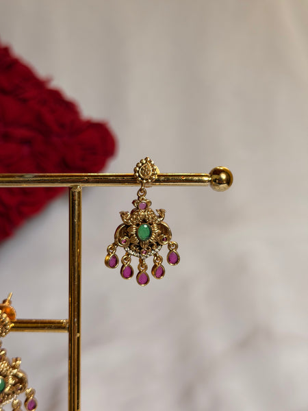 Antique Gold Peacock Pendant Earrings with Ruby Drops