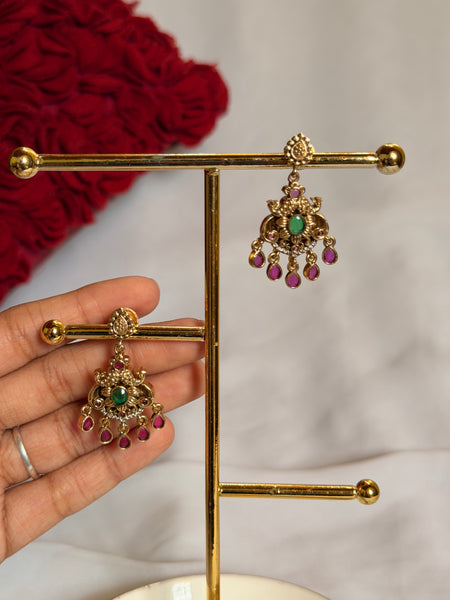 Antique Gold Peacock Pendant Earrings with Ruby Drops