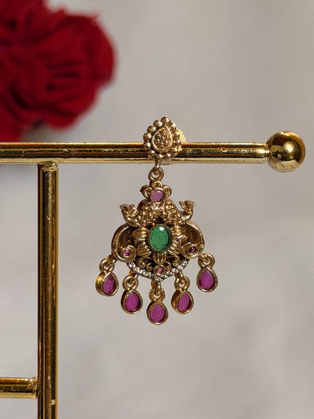 Antique Gold Peacock Pendant Earrings with Ruby Drops