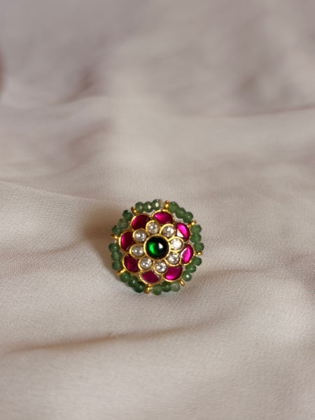 Traditional Green & Pink Kemp Stone Floral Ring