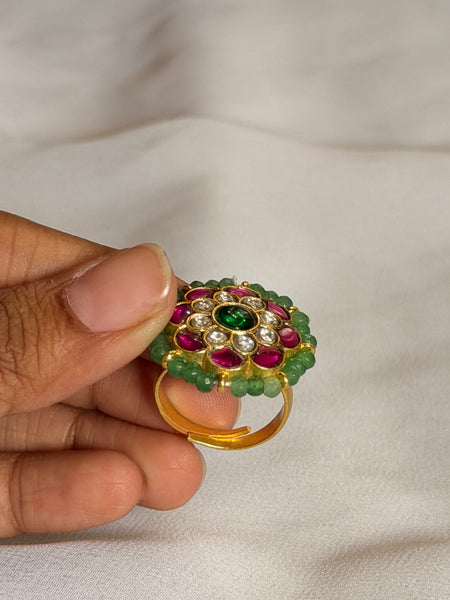 Traditional Green & Pink Kemp Stone Floral Ring