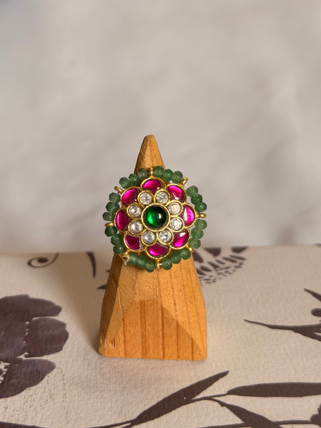 Traditional Green & Pink Kemp Stone Floral Ring