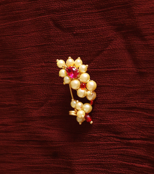 Pearl & Ruby Red Floral Gold-Plated