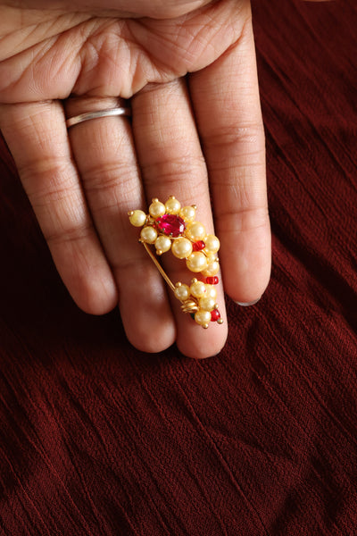 Pearl & Ruby Red Floral Gold-Plated