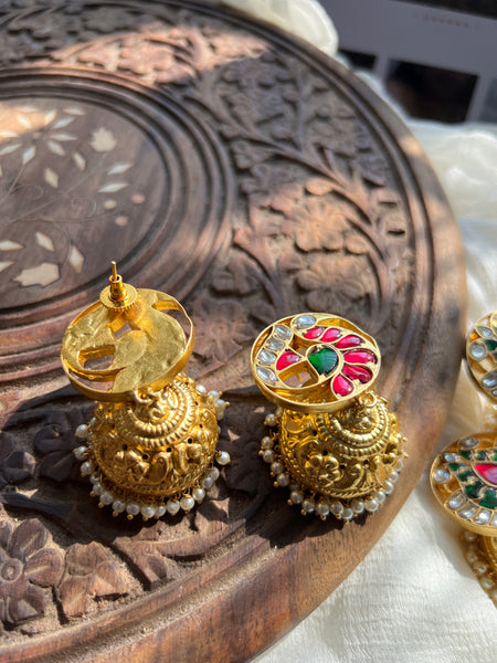 Jumbo Kundan peacock matte jhumkas