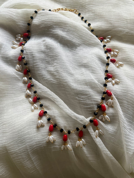 Coral black bead rice pearl maala