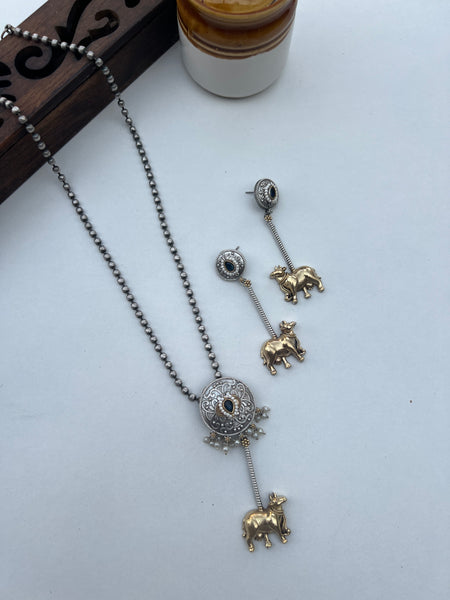 Boho dual tone pendant maala with earrings